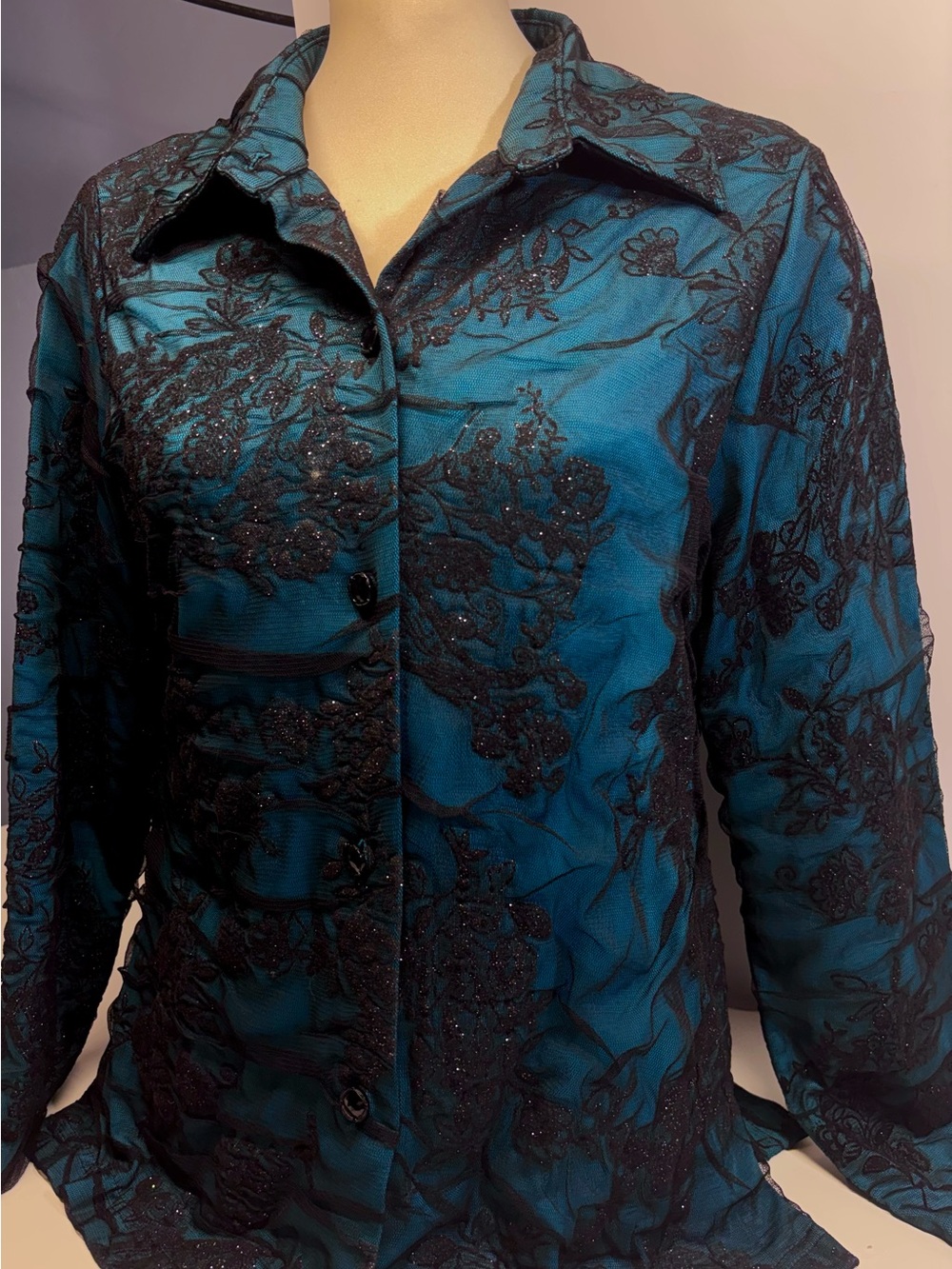 Coldwater Creek Teal Black
Flocked Floral Mesh Blouse
Glitter Shimmer Top L - Picture 2 of 7